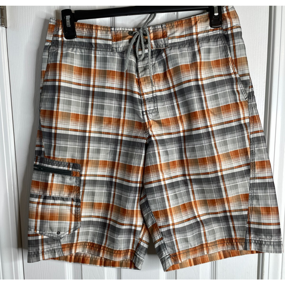 Columbia Mens Board Shorts Size 32 Grey White Orange Plaid 11" Inseam